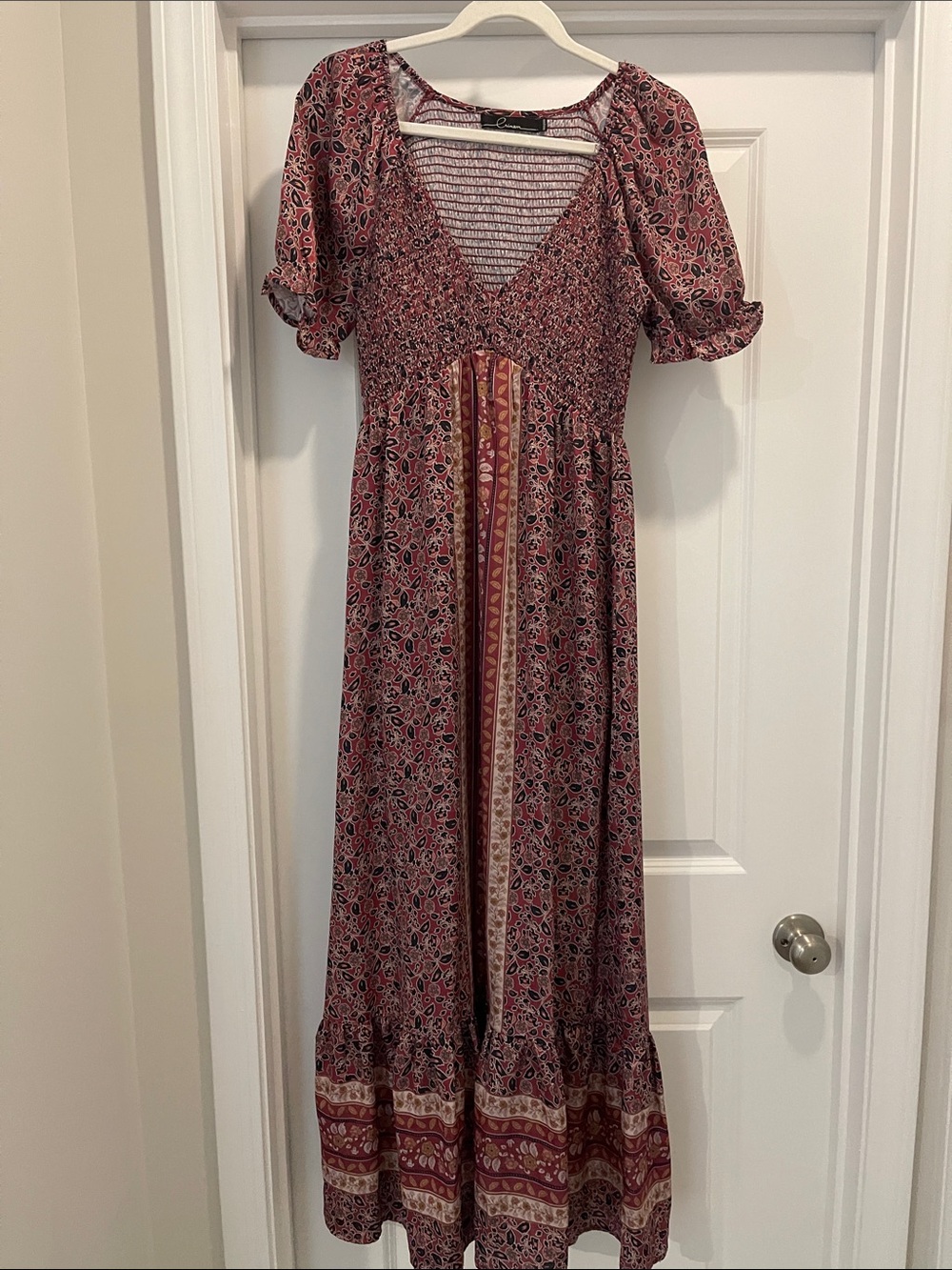 Medium rust/beige/black floral smocked maxi dress